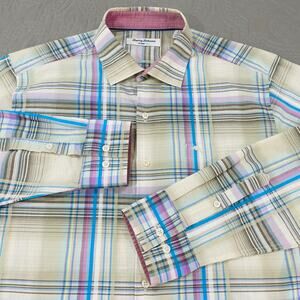 Tommy Bahama Button Shirt Mens Large Island Zone Plaid Cream Blue Relaxed